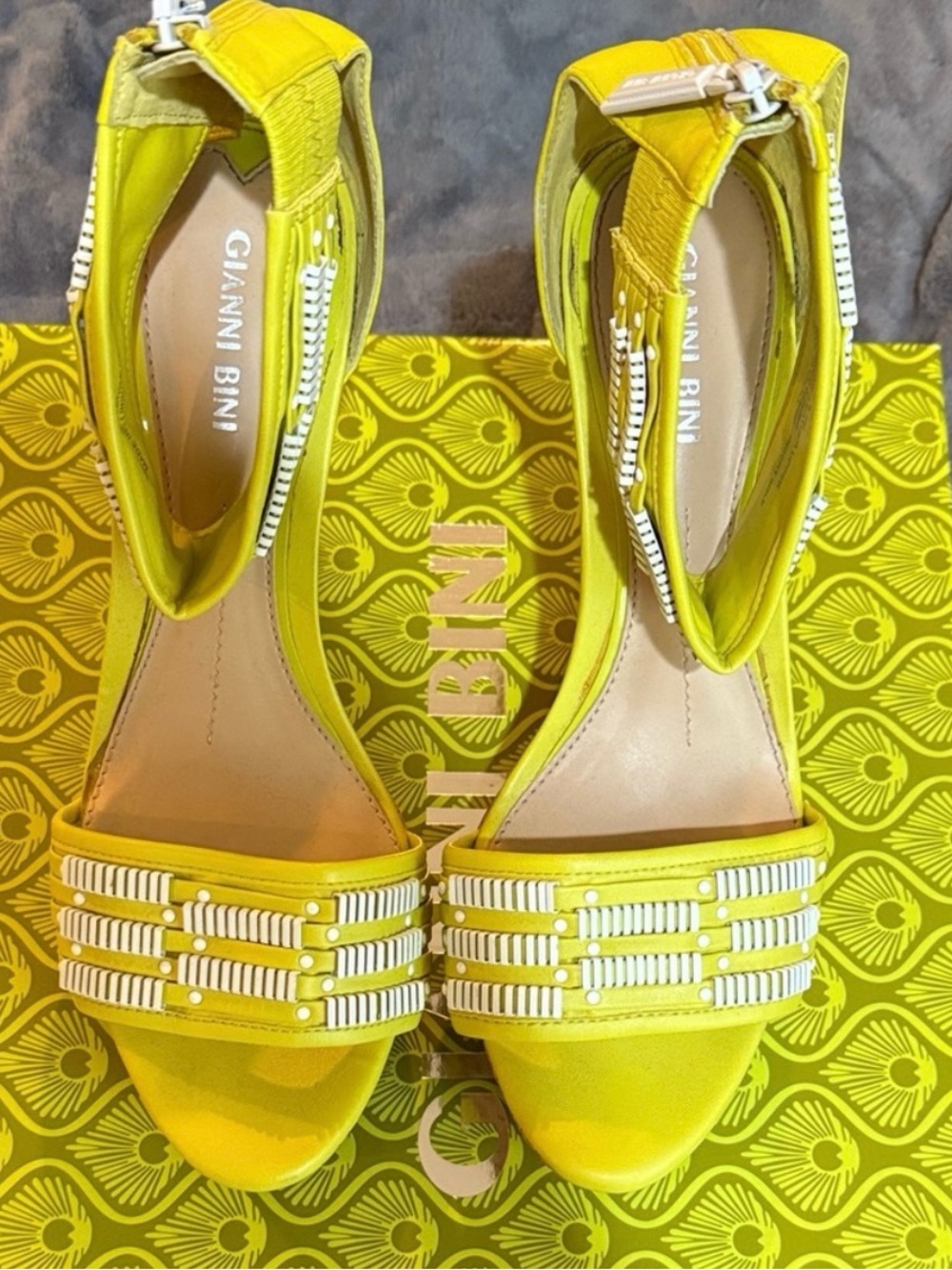 Gianni Bini Yellow Beaded Ankle-Zip Sandals